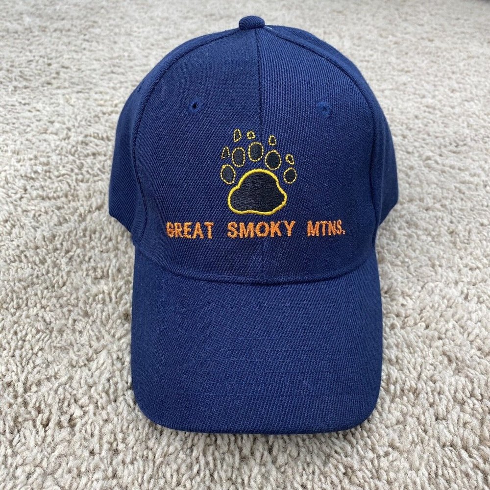 Great Smoky Mountains Hat Adjustable Strap Blue Bear Paw Logo Orange Print‎ Cap